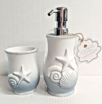 Cyprvs Seashell Soap Dispenser Tumbler Starfish Blue White Polyresin Bat... - $38.97