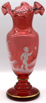 Fenton Mary Gregory Hand Painted Cranberry Vase Ruffled Rim Boy w/ Bird &amp; More - £47.94 GBP