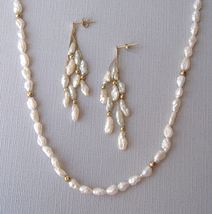 Fresh Water Pearl Yellow Gold Earring Necklace Set Chain Beads Post White - £71.10 GBP