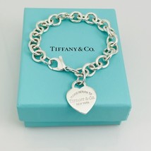 8” Return to Tiffany &amp; Co Silver Heart Tag Charm Bracelet with Blue Box ... - £298.93 GBP