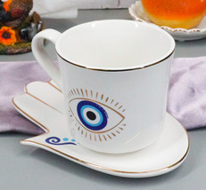 White Evil Eye Of Providence Hamsa Palmistry Hand Palm Mug Cup With Saucer Set - £23.97 GBP