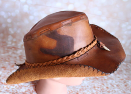 Vintage Unisex Handmade Leather Cowboy Western Hat Approx 7-7 1/8 Hat Size - £54.81 GBP
