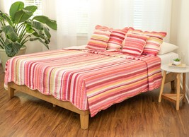 Multi Red Pink Boho Summer Stripes Scalloped Lightweight Coverlet Bedspr... - $102.96