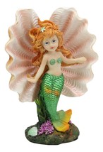 6.75&quot;H Colorful Nautical Mermaid Mergirl With Giant Shell And Green Tail Statue - £21.50 GBP