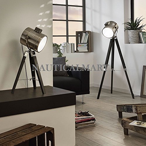 Primary image for Decorative Search Light Tripod floor lamp / Wood & Chrome / Black SET OF 2
