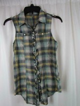 Rubbish Sleeveless Plaid Top Button Front Sz Small Blue Green Yellow - £4.44 GBP