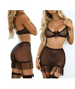 Women&#39;s Sexy Rhinestone 2 Piece Mesh Fringe Skirt and Bow Bra Top Set - $27.01 CAD