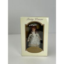 Pretty Woman Porcelain Doll Ornament Gold Red Trim Dress Brunette Curls ... - $9.00