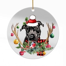 Cute Black Pitbull Dog Antlers Reindeer Christmas Ornament Acrylic Gift Decor - £12.53 GBP