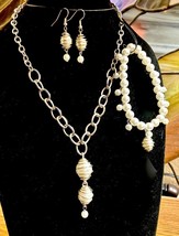 Handcrafted Caged Faux Pearl Necklace, Bracelet and Dangle Earrings Set - £27.68 GBP