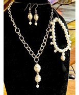 Handcrafted Caged Faux Pearl Necklace, Bracelet and Dangle Earrings Set - £28.04 GBP