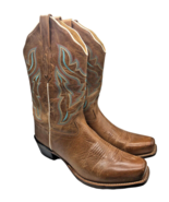 Old West Cowboy Boots Size 10 Womens Brown Blue Stitched Leather Cowgirl... - $159.99
