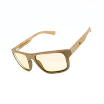 Curved wooden sunglasses with yellow lenses, good for foggy daylight conditions. - $139.90