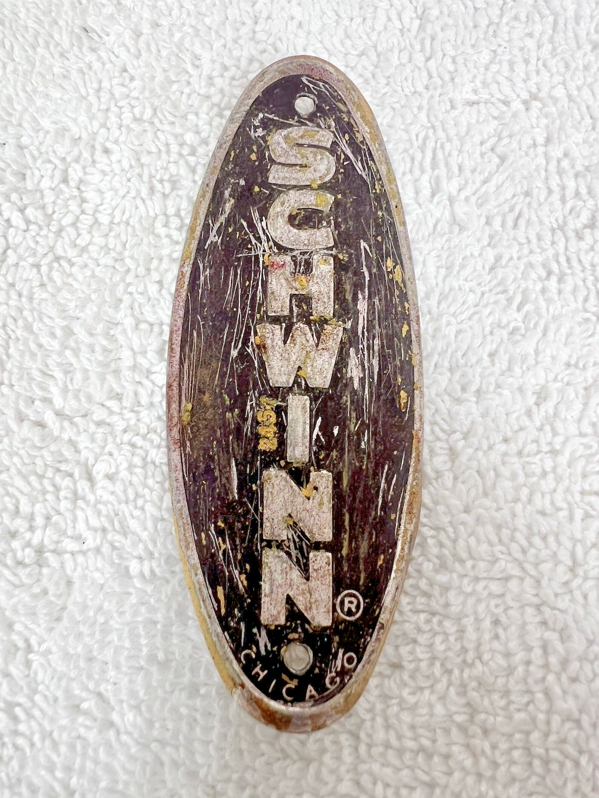 Vintage Schwinn Bike Name Plate Plaque Long Oval a lot of Wear 3 3/16 x 1 1/4" Item image 2