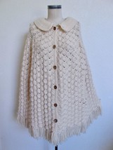 Vintage 70s Hand Crocheted Button Down Cape Poncho w Fringe Ivory Shell Crochet - £35.96 GBP