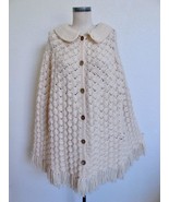 Vintage 70s Hand Crocheted Button Down Cape Poncho w Fringe Ivory Shell ... - £35.91 GBP