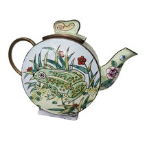 Hand Painted Frog Tin Metal Mini Tea Pot Kettle Shelf Sitter White - £19.68 GBP