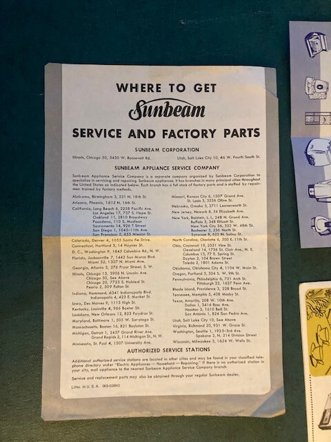 Vintage Sunbeam 50's/60's Appliance Manuals/Cards Waffle Maker, Steam Iron,etc Item image 2