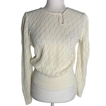 Vintage 70s It&#39;s Pure Gould Crochet Knit Sweater S Cream Long Sleeve Key... - $41.87