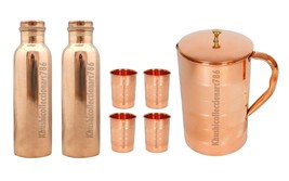 Copper Water Pitcher Jug Plain Smooth Bottle 4 Drinking Tumbler Glass Set Of 7 - £62.76 GBP