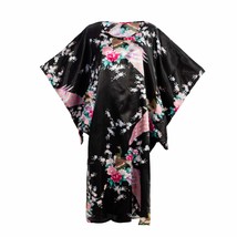 Asian Home Flower Peacock Satin Silk Kimono Dress, Nightgown, Dressing Gown (Bla - £12.07 GBP