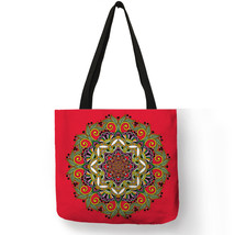 Bright Multi Colored Linen Tote Bag Mandala Floral Wreath Pattern Handbag Shoppi - £13.87 GBP