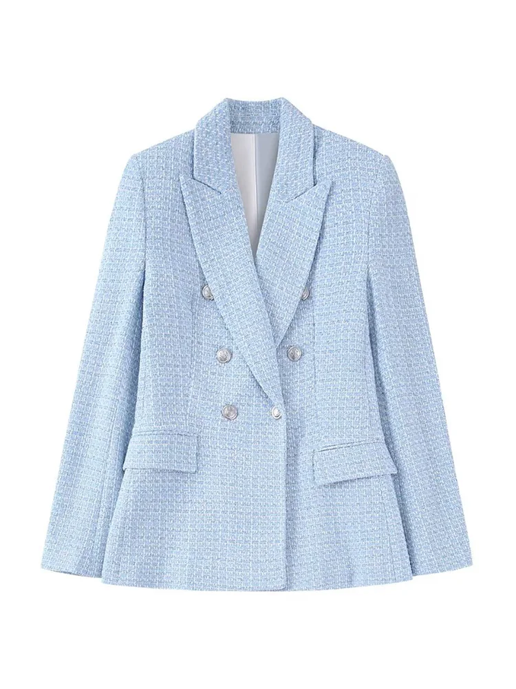 TRAF Women  Tweed Double Breasted Blazer Coat Vintage Long Sleeve Flap Pockets F - £180.34 GBP