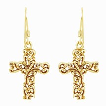 14K Argent Plaqué or Jaune Filigrane Volutes Croix Pendants Gouttes Poisson - $82.04