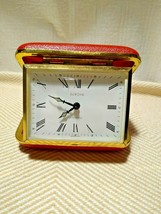 Vintage 70&#39;s EUROPA 2 Jewels German Folding Travel Alarm Clock Red Case Wind Up - £31.32 GBP