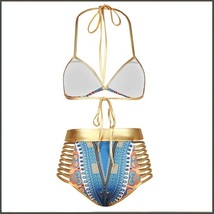  Blue Design Pattern Halter Top High Waist Gold Straps Bandage Bikini Swim Suit image 3