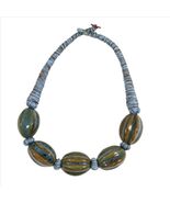 Button Clasp Polished Stone Blue and Tan 19 inch Necklace - $13.69 CAD