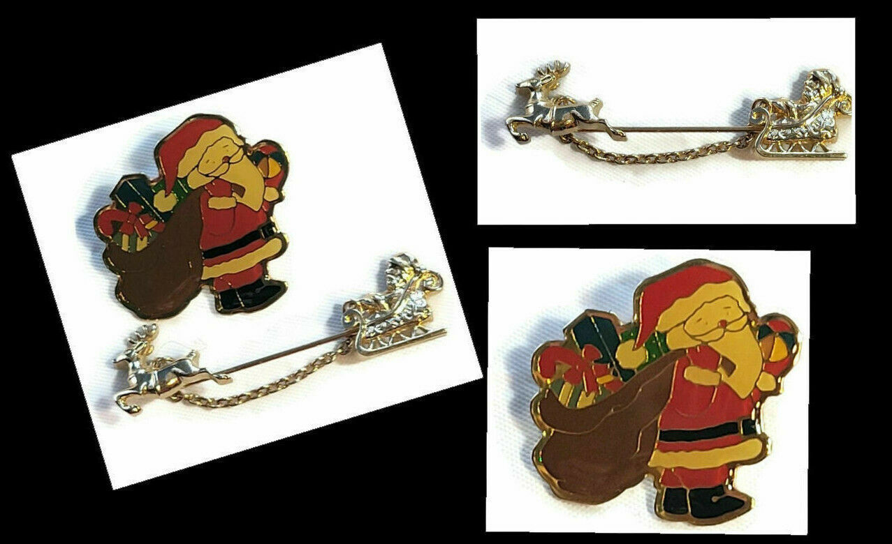 Primary image for 2 Holiday Christmas Santa Enameled Metal Fashion Brooch Pins Collectible Avon