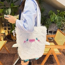 Winter Soft Plush Shoulder Bag Women Cute Little Monster Embroidery Handbags Fau - £21.63 GBP