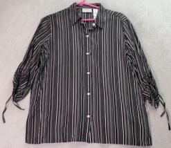 Liz Claiborne Shirt Women Petite Medium Black Striped Ruched Sleeves Button Down - £10.20 GBP