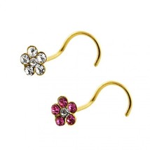 9K Solid Yellow Gold 6 Round Crystal Flower Shape 10mm Nose Stud 22 Gauge - £52.44 GBP+