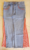 Arizona Jean Co Altered Denim Skirt-Handmade-Beads-Fabric-Hippie Vtg-grateful - £22.08 GBP