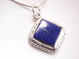 Blue Lapis Square 925 Sterling Silver Necklace Embellished w/ Rope Style Accents - £14.60 GBP