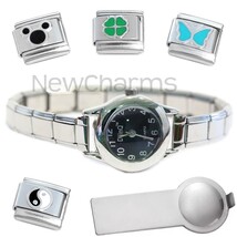 Black Round Italian Charm Watch with Bracelet Plus Tool &amp; Stainless Stee... - €16,09 EUR