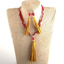 Fashion Jewelry Set Red/Turq Stone Yelloy Tassel Choker Necklace Earring... - $14.60