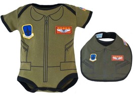 Infant Future Pilot Olive Bodysuit &amp; Bib Set with Military Patches - £29.65 GBP