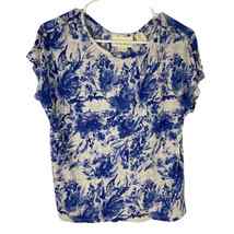 Cynthia Rowley Short Button Sleeve Linen Shirt Blue Floral Scoop Neck Women M - £10.61 GBP