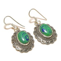 Green Malachite Oval Gemstone 925 Silver Overlay Handmade Dangle Drop Earrings - £7.46 GBP