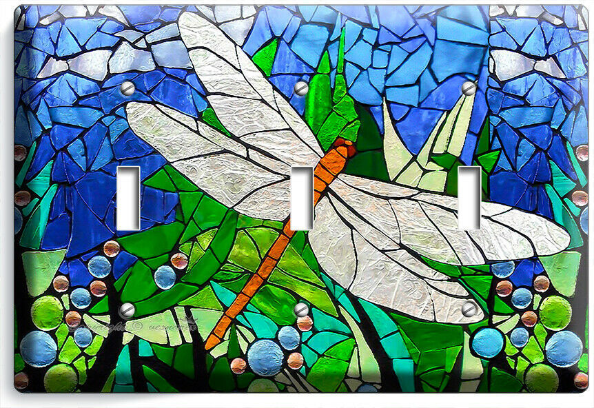 DRAGONFLY MOSAIC STAINED GLASS LOOK 3 GANG LIGHT SWITCH WALL PLATE BEDROOM DECOR