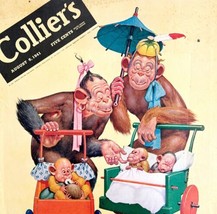 Collier&#39;s Monkeys Baby Stroller 1941 Lithograph Magazine Cover Antique A... - £48.54 GBP