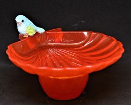 Orange Red Shell Pedestal Dish, Scallop birdbath with blue bird, soap dish - £9.57 GBP