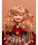 Vintage Porcelain 8&quot; Doll with Plaid Dress And Red Trim. Blond Hair with... - $14.83