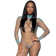 Wide Fishnet Bodystocking Footless Long Sleeves Open Back Turquoise Blue... - £12.71 GBP