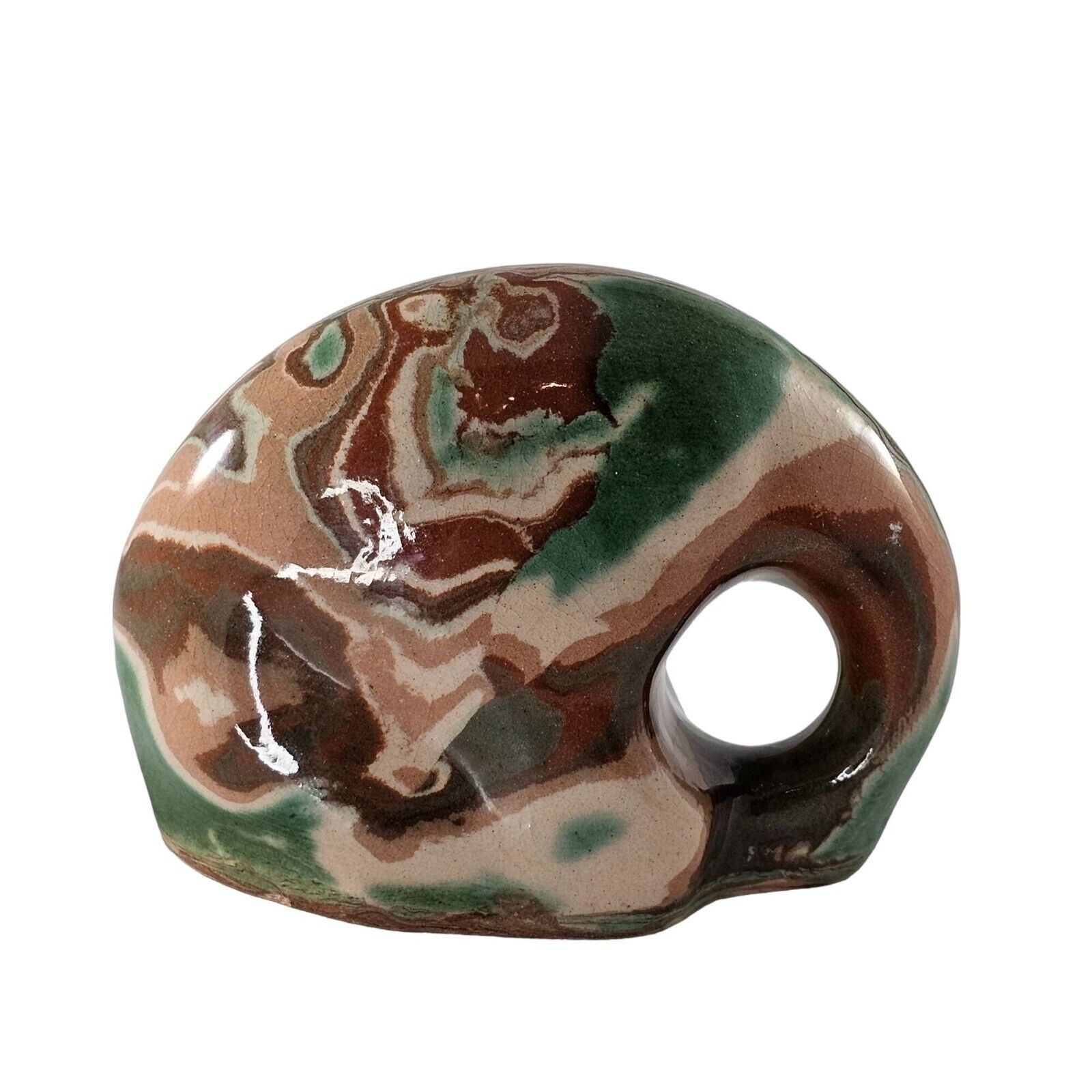 Primary image for Art Pottery Elephant Figurine Camouflage Color Brown Green Handmade