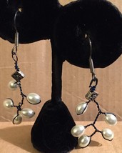Vintage Hand Crafted 1970s Twisted Wire Faux Pearl Beads Dangle Silver H... - £21.03 GBP