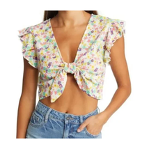 VERO MODA Tie-Front Knot Crop Top, Floral Print | Large, New  N1 - £18.64 GBP